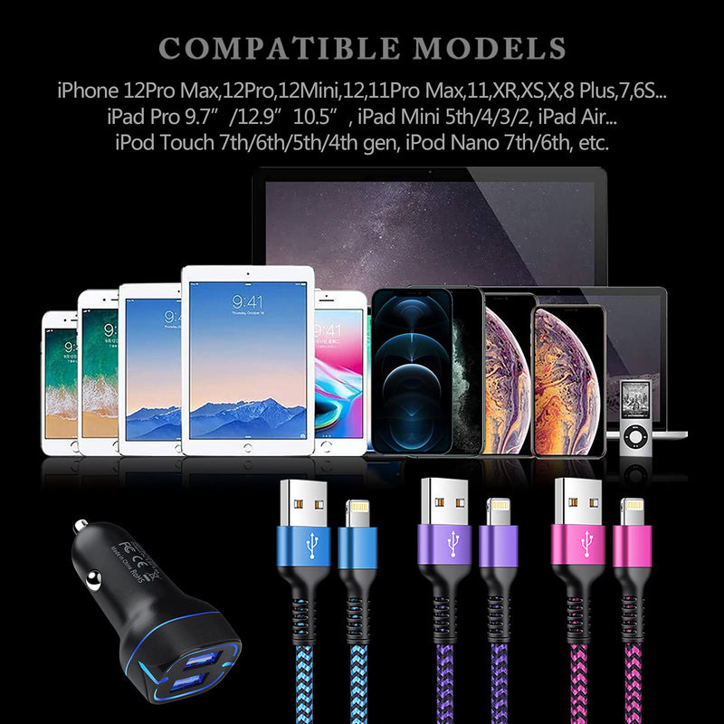 [Australia - AusPower] - iPhone Car Charger, Dual USB Car Charger with Lightning Cables, 2Port USB Lighter Adapter Cargador Carro Fast Charging Long Braided Cords Wire for iPhone 13 12 Pro Max/SE/11 Pro Max/XS/XR/8 Plus/7/6s Car Charger Kits 