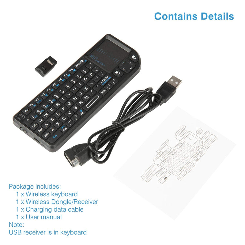 [Australia - AusPower] - Rii Mini Wireless Keyboard with Touchpad＆QWERTY Keyboard,Support Bluetooth ＆2.4G Connection,Built-in Laser Pointer, Backlit Portable Keyboard Wireless with Remote Control, X1-BT Black. 