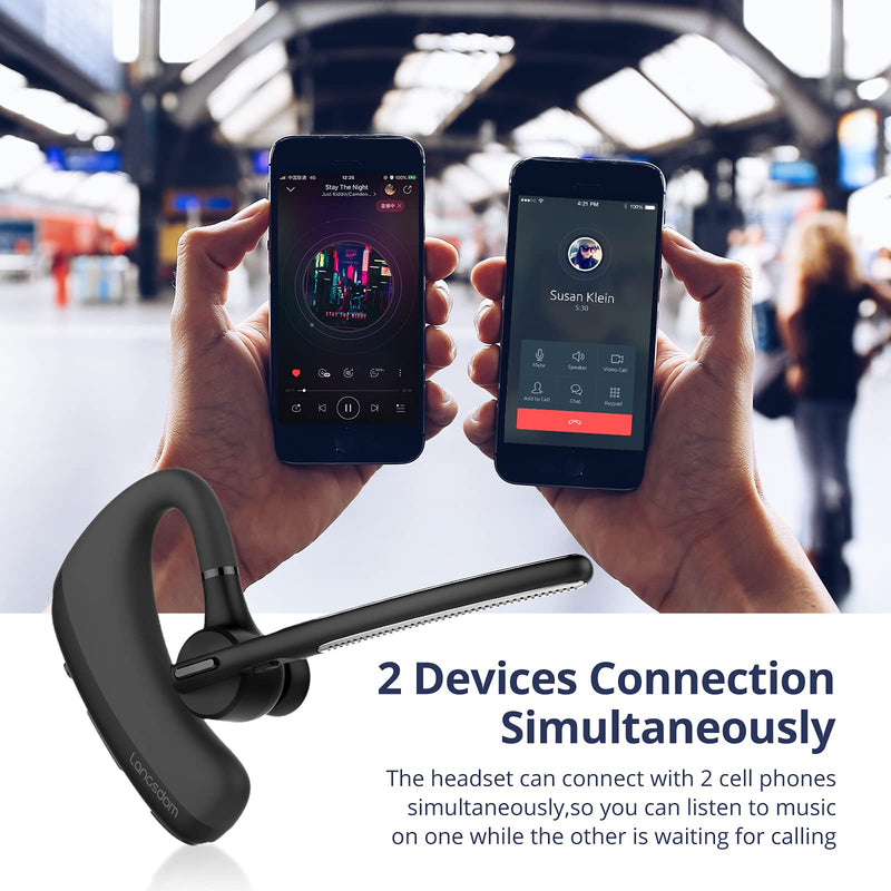 [Australia - AusPower] - Bluetooth Headset with CVC8.0 Dual Mic Noise Cancelling, Langsdom Wireless Bluetooth Earpiece 960 Hours of Standby Time with Mute Key, Suitable for Business, Executives and Trucker 