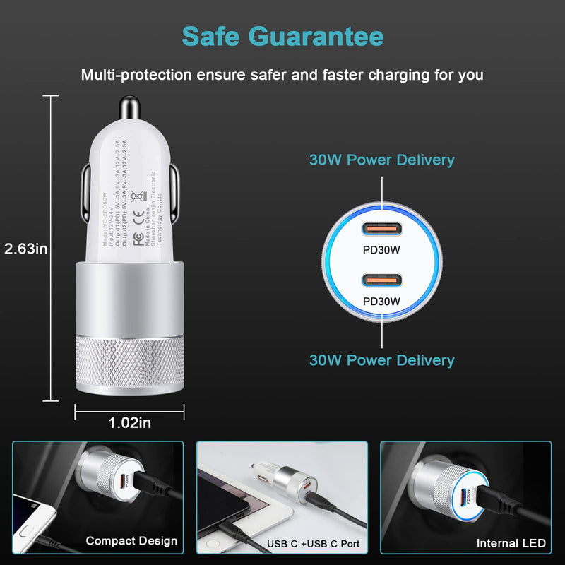 [Australia - AusPower] - USB C Car Charger, 60W Type C Car Charger Cigarette Lighter Adapter for Moto G Stylus/G Pure/G Power 2022/G Play/E/E20/One 5G Ace/G200/G100/G60S/G30/G10/G Fast/G 5G Plus/G9/G8/G7 Silver-60W 