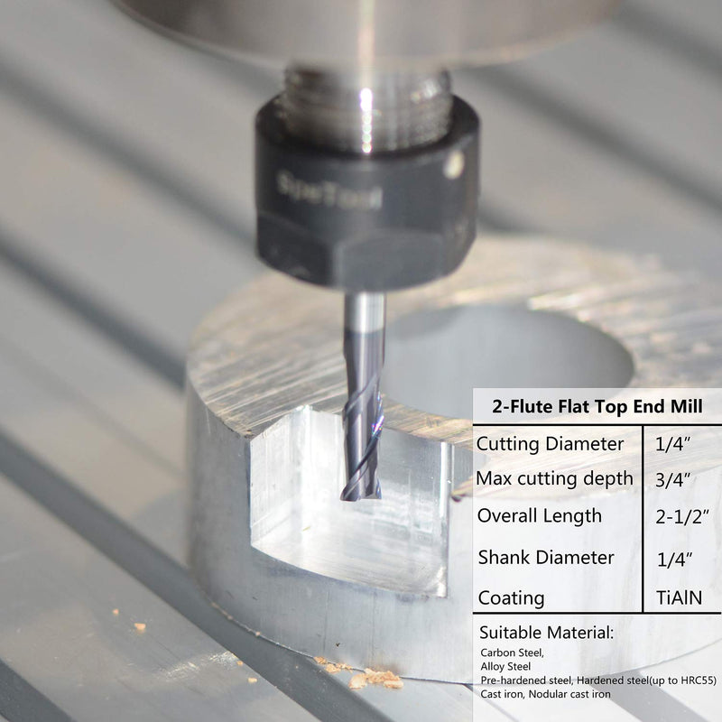 [Australia - AusPower] - SpeTool 5PCS 2 Flutes Square Nose End Mill Set Power Milling Machine Carbide Upcut CNC Router Bits Tiain Coated, 1/4 inch Shank, 2 1/2 inches Long Overall 