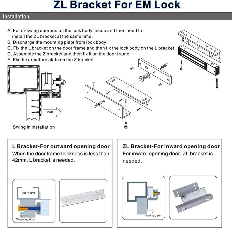 [Australia - AusPower] - Z and L Aluminum Alloy Bracket for Single Door 280KG/600lbs Holding Force Electric Magnetic Lock, Electromagnetic Lock Matching Bracket for Inward Door (Single Door 280KG/600lb Z & L Bracket) Single Door 600lb Z & L Bracket 