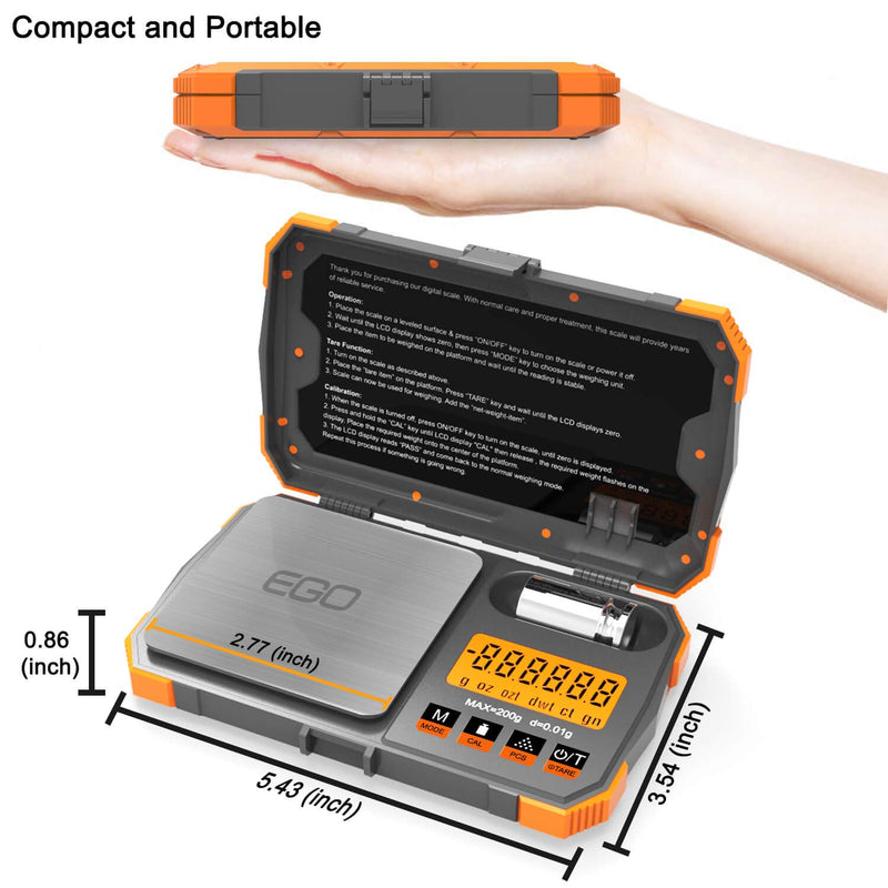 [Australia - AusPower] - Pocket Scale with Tray 200 x 0.01g High Precesion Gram Scale Arrow Scale Jewelery Coin Scale 50g Calibration Weight USB Cable Included Read in Gram Grain Carat Pennyweigh oz ozt Orange 