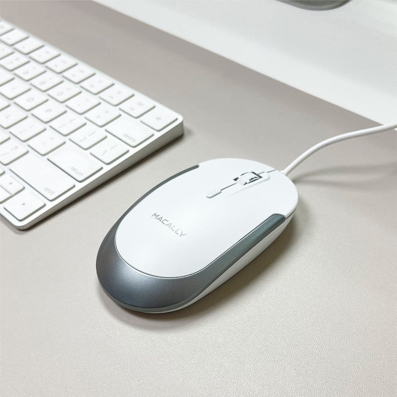 [Australia - AusPower] - Macally Silent Wired Mouse - Slim & Compact USB Mouse for Laptop/Desktop Windows PC or Apple Mac - Designed with Optical Sensor & DPI Switch - Simple & Comfortable Wired Computer Mouse (White) White with Silver Trim 