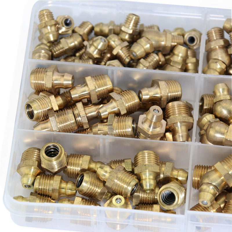 [Australia - AusPower] - Boeray 115pcs 1/4” 1/8” Hydraulic Grease Brass Zerk Fitting SAE Standard Assortment Kit-Straight, 90-Degree, 45-Degree Angled Zerk Assortment Set 115pcs SAE 