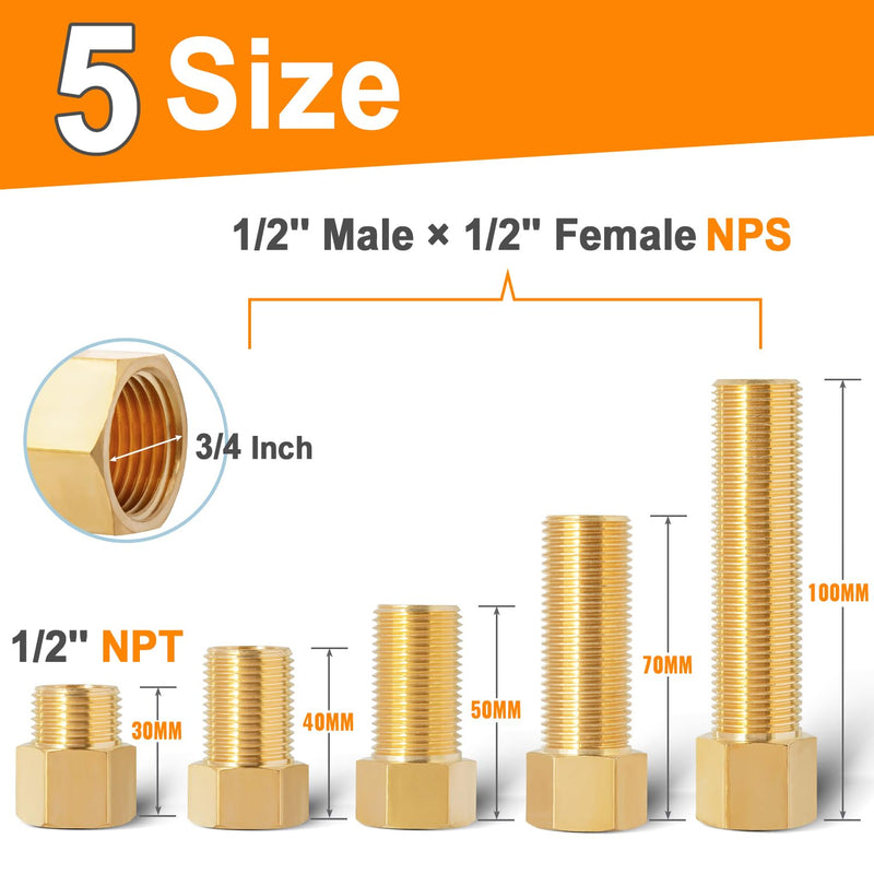[Australia - AusPower] - SUNGATOR Brass Pipe Fitting Set, 1/2 Inch Male Ã— 1/2 Inch Female Pipe Hex Nipple Extension Fitting Adapter, 1/2'' Brass Pipe Extension Fitting Connector with Sealing Tape, 30/40/50/70/100MM (5 Pcs) 