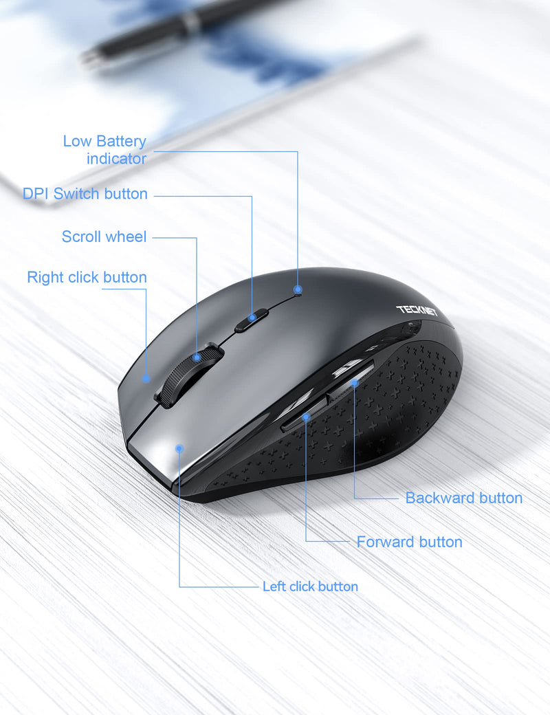 [Australia - AusPower] - TECKNET Bluetooth Mouse, Wireless Mouse Tri-Mode (BT 5.0/3.0+2.4Ghz) with Nano Receiver, Computer Mouse with 6 Adjustable DPI Levels and 6 Buttons for PC, Laptop, Windows Computer, MacBook black 