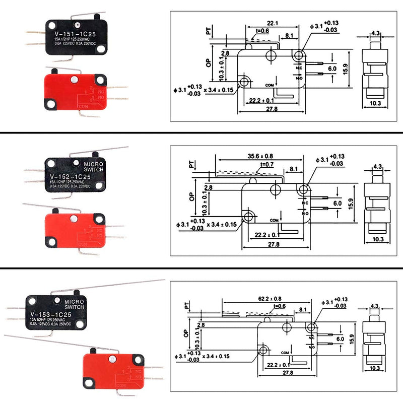 [Australia - AusPower] - Swpeet 24Pcs Micro Limit Switch Assorment Kit, Long Hinge Roller Momentary Cherry Push Button SPDT Snap Action Perfect for Arduino, Appliance and Electronic Equipment - V-151/152/153/154/155/156-1C25 