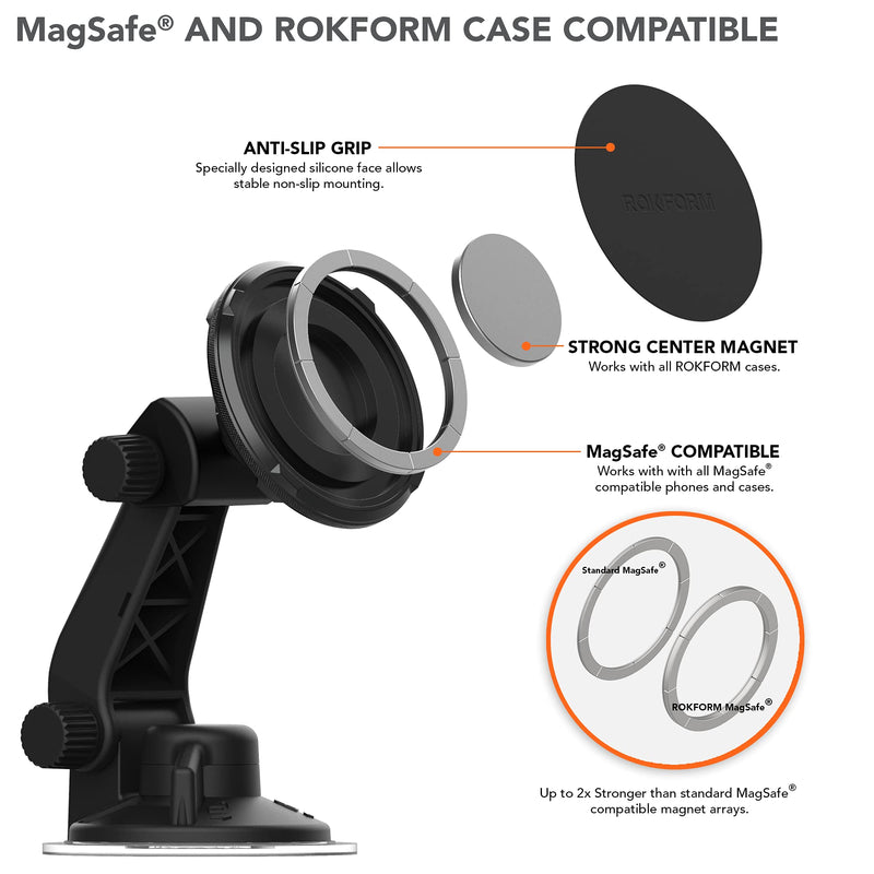 [Australia - AusPower] - Rokform - Adjustable Magnetic Windshield Phone Mount, Compatible with All Rokform Cases and MagSafe Phones Cases, Secured by Strong Suction Cup Base, 210° of Tilt and 360° of Rotation (Black) 
