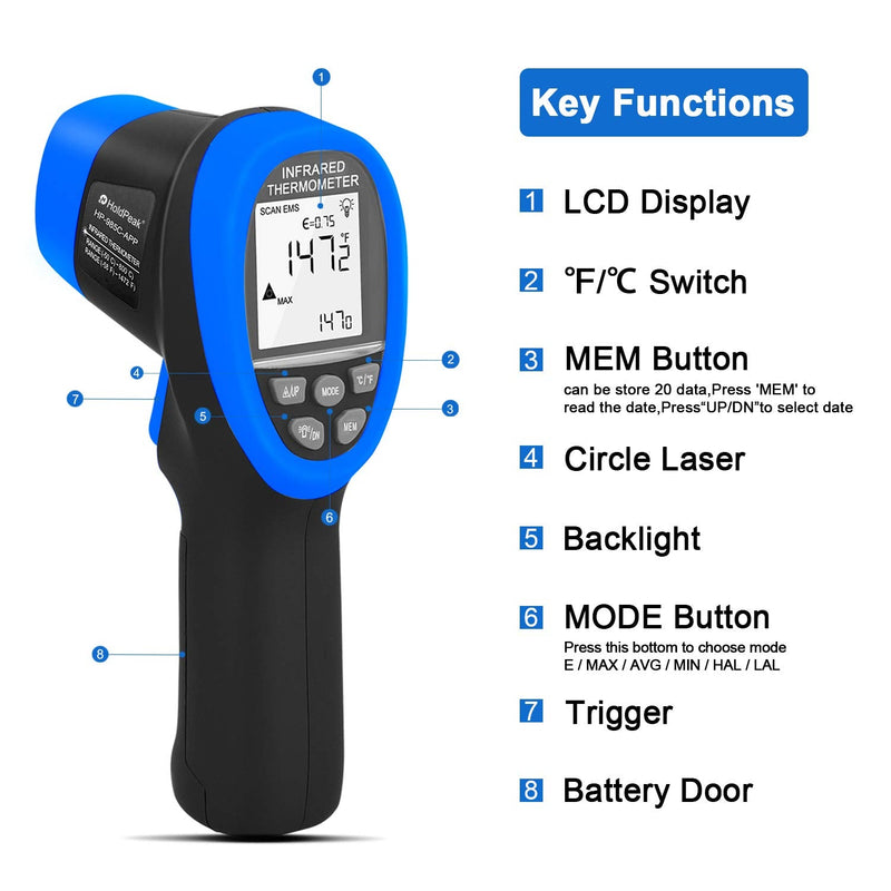 [Australia - AusPower] - HOLDPEAK HP-985C-APP Digital Laser Infrared Thermometer APP Connected, Non-Contact IR Temperature Gun -58℉~1472℉(-50℃~800℃),16:1 Distance Spot Ratio with Adjustable Emissivity High Precision 