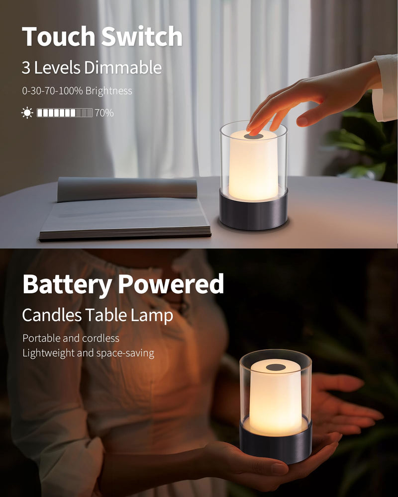 [Australia - AusPower] - NEWSEE Cordless Small Candle Table Lamp, Modern Portable 3 Levels Brightness LED Desk Lamps, Rechargeable Battery Powered Lighting, for Living Room, Dining Room, Bedroom, Bar, Night Light (Black) Black-2 