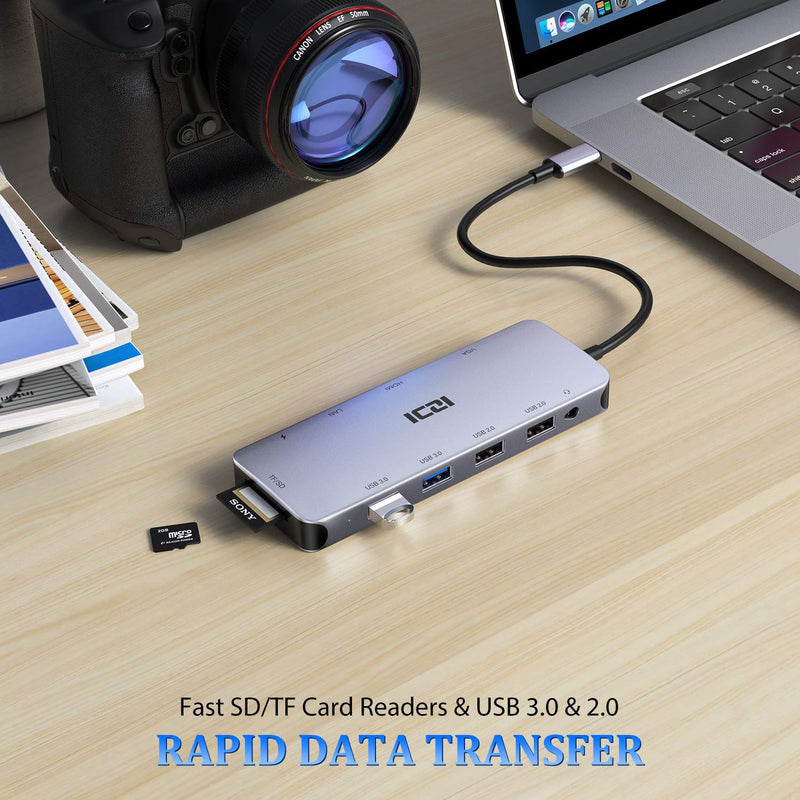 [Australia - AusPower] - USB C Hub ,Type C Hub ,ICZI 11 in 1 Adapter with Ethernet ,4K USB C to HDMI,VGA, 2 USB 3.0 2 USB 2.0, SD/TF Card Reader,Mic/Audio,USB C Pd 3.0, Compatible for Mac Pro and Other Type C Laptops 
