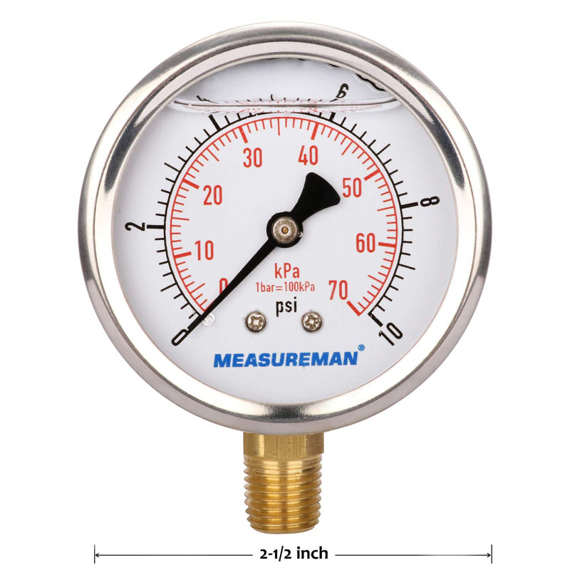 [Australia - AusPower] - MEASUREMAN 2-1/2" dial, 1/4"NPT Lower, Glycerin Filled, Stainless Steel case, Brass Inside, 0-10psi/kpa 0-10 psi Lower Mount 