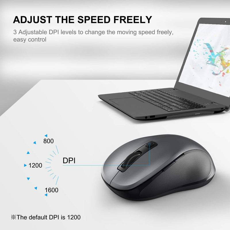 [Australia - AusPower] - WisFox 2.4G Wireless Mouse for Laptop, Ergonomic Computer Mouse with USB Receiver and 3 Adjustable Levels, 6 Button Cordless Mouse Wireless Mice for Windows Mac PC Notebook (Grey) Gray 