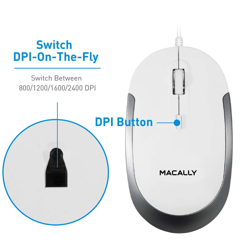 [Australia - AusPower] - Macally Silent Wired Mouse - Slim & Compact USB Mouse for Laptop/Desktop Windows PC or Apple Mac - Designed with Optical Sensor & DPI Switch - Simple & Comfortable Wired Computer Mouse (White) White with Silver Trim 