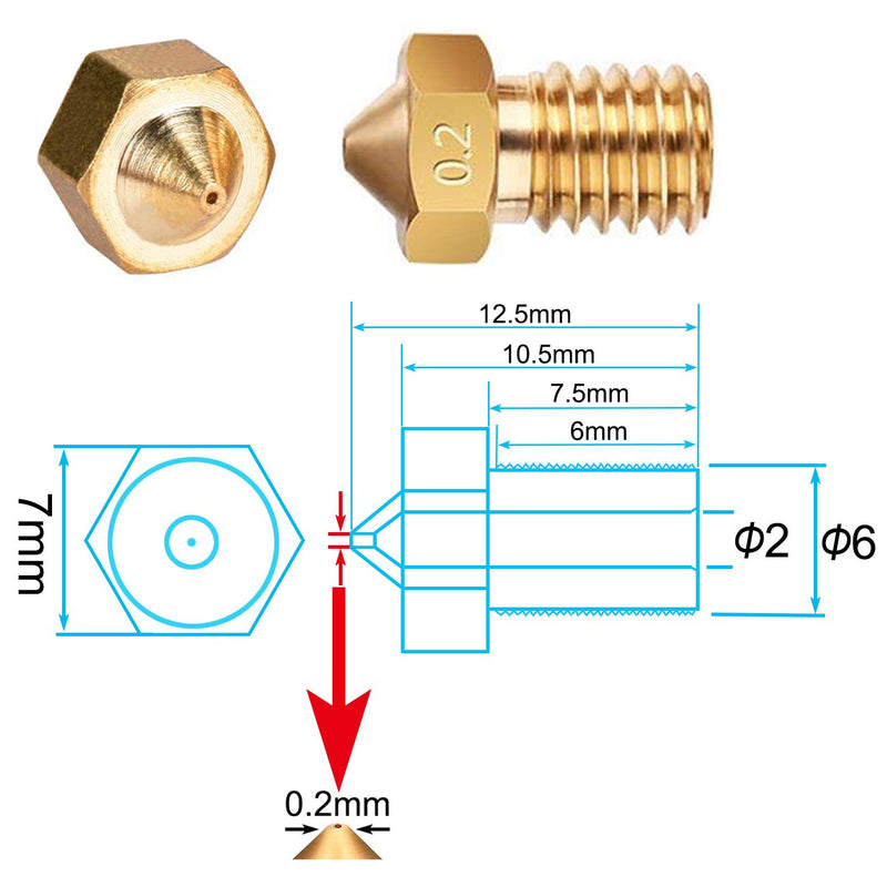 [Australia - AusPower] - E3D Nozzles, ExcelFu M6 0.2mm Brass Nozzle Extruder Print Head for 1.75mm Filament E3D V5-V6 3D Printer, Pack of 20 
