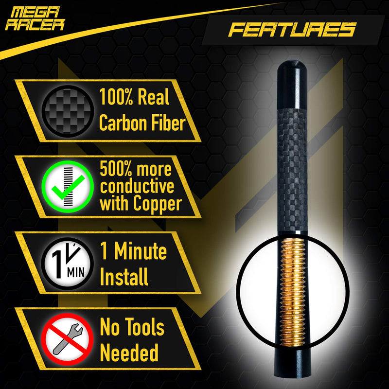 [Australia - AusPower] - Mega Racer 5” Black Carbon Fiber Antenna for Car, Truck, SUV - AM/FM Radio Reception, 6061 Solid Aluminum, Anti-Theft Design, Car Wash Safe, Universal Antenna Replacement, 1 Piece 
