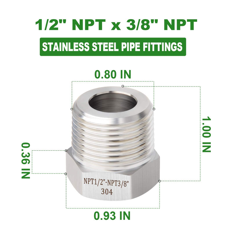 [Australia - AusPower] - TAISHER 2PCS Forging of 304 Stainless Steel Reducer Hex Bushing, 1/2" Male NPT to 3/8" Female NPT, Reducing Forging Pipe Adapter Fitting 1/2” MNPT x 3/8“ FNPT 2 