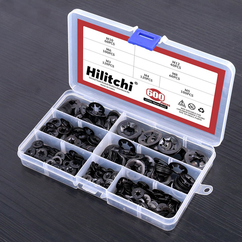 [Australia - AusPower] - Hilitchi 600-Pcs [7-Size] Internal Tooth Starlock Washers Assortment Kit, Quick Speed Locking Washers, Black Oxide Finish 