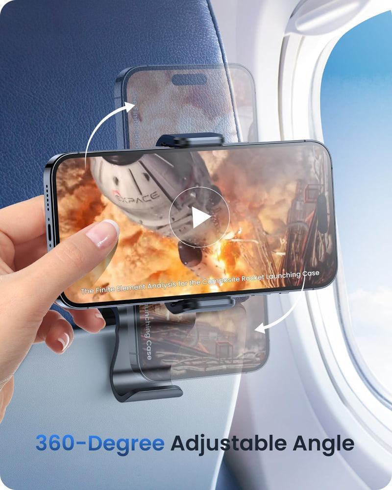 [Australia - AusPower] - OQTIQ Airplane Phone Holder, Travel Essentials Phone Mount for Desk Tray with Sturdy Spring-Loaded Grip & 360 Degree Angle Adjustable, Portable Travel Must Haves Phone Holder for Flying 