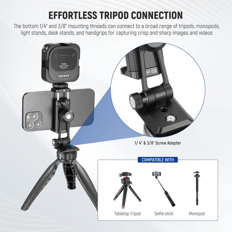 [Australia - AusPower] - NEEWER Phone Tripod Mount Adapter, Aluminum Phone Holder Clamp with Cold Shoe, 1/4" 3/8" Thread, Arca Type Base, 360° Pan 180° Tilt, Compatible with iPhone 14 13 Pro Max Mini X Xs Galaxy S23, SP-02 