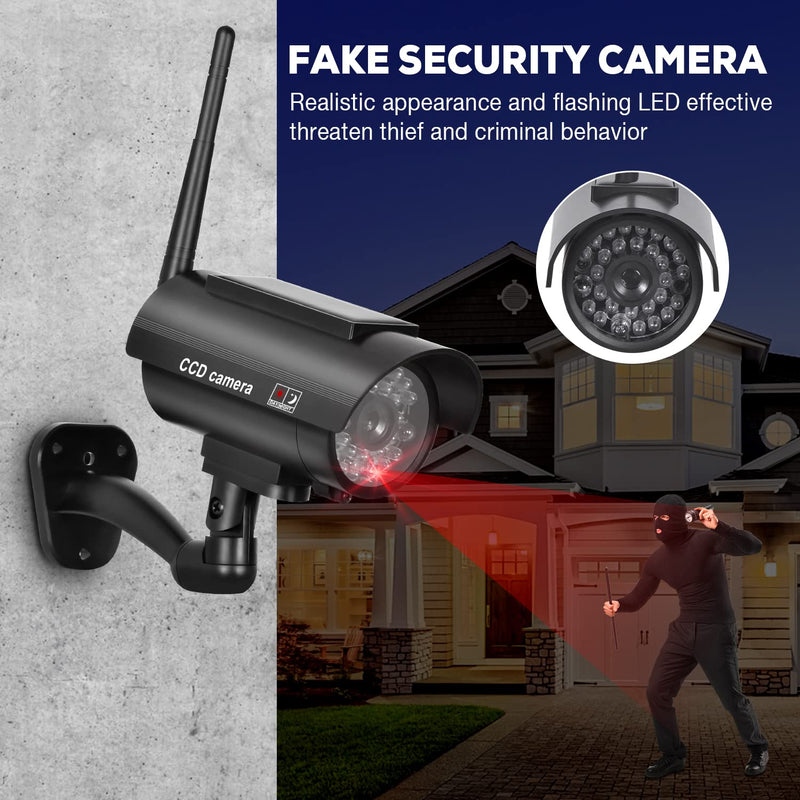 [Australia - AusPower] - BNT Solar Powered Fake Security Camera, Bullet Dummy Security Camera Simulated Surveillance System with Realistic Red Flashing Light Sensor and Warning Sticker for Indoor/Outdoor(2Pack, Black) 2pack 