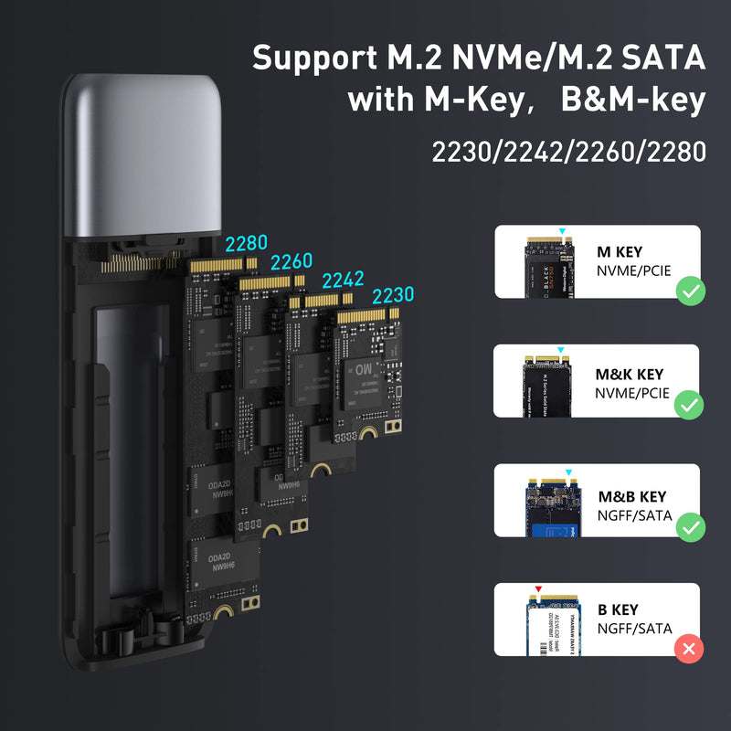 [Australia - AusPower] - M.2 NVME SATA SSD Enclosure Adapter (PCIE-Based) Tool-Free, USB C 3.1 Gen 2 10Gbps or 6Gbps SATA Apadpt M-Key(B+M Key) SSD Reader, Support UASP Trim for SSD Size 2230/2242/2260/2280 Grey enclosure 