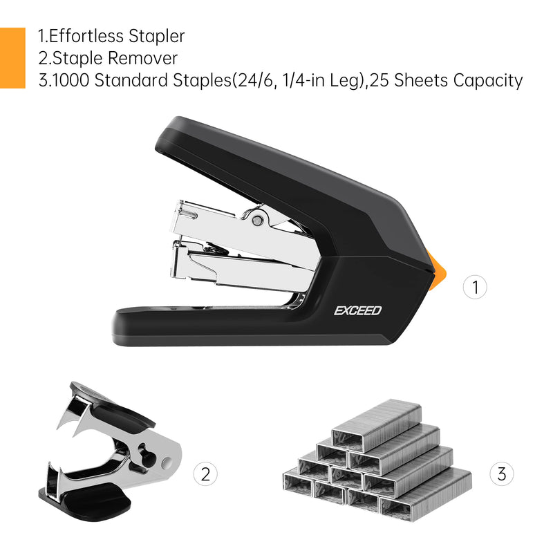 [Australia - AusPower] - Deli Effortless Desktop Stapler, Standard Stapler, 25 Sheet Capacity, One Finger, No Effort, Includes Staples & Staple Remover, Black 25 Sheets, Black 