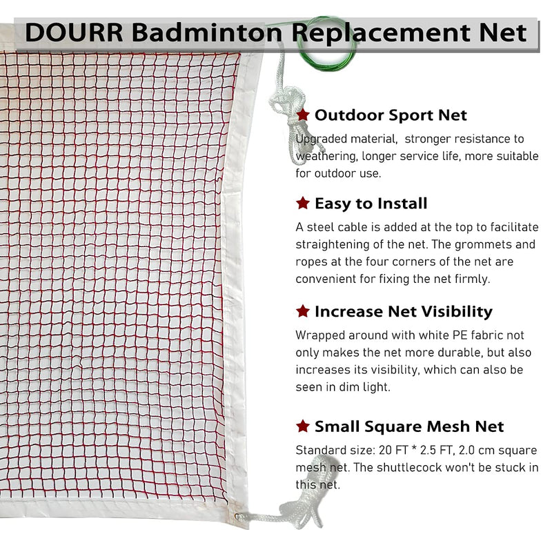 [Australia - AusPower] - DOURR Badminton Tournament Net with Rope Cable 20 FT x 2.5 FT 