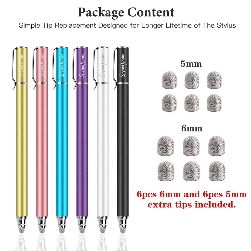 [Australia - AusPower] - StylusHome Stylus Pens for Touch Screens(6 Pcs),Sensitivity 2 in 1 Fiber Tips Capacitive Stylus with 12 Extra Replaceable Tips for iPad iPhone Tablets Samsung Galaxy All Universal Touch Screen Devices 