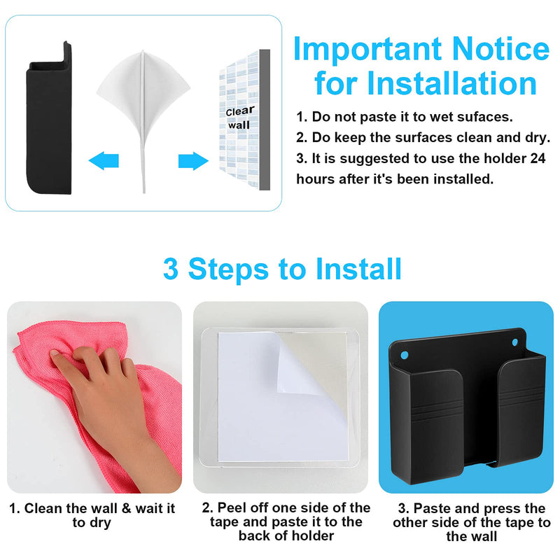 [Australia - AusPower] - 8 Pieces Wall Mount Phone Holder Adhesive Remote Control Storage Box Wall Mount Charging Phone Stand Holder Adhesive Non Slip Media Organizer Storage Box for Bedroom Kitchen Bathroom (Black) Black 
