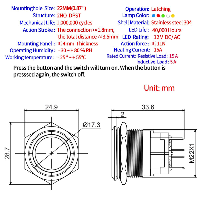 [Australia - AusPower] - 22mm Push Button Switch 15A 24V Latching Momentary 2NO DPST Angel Eye LED Stainless Steel Round Self-Locking 7/8'' with Wire Socket Blue Latching 12V 