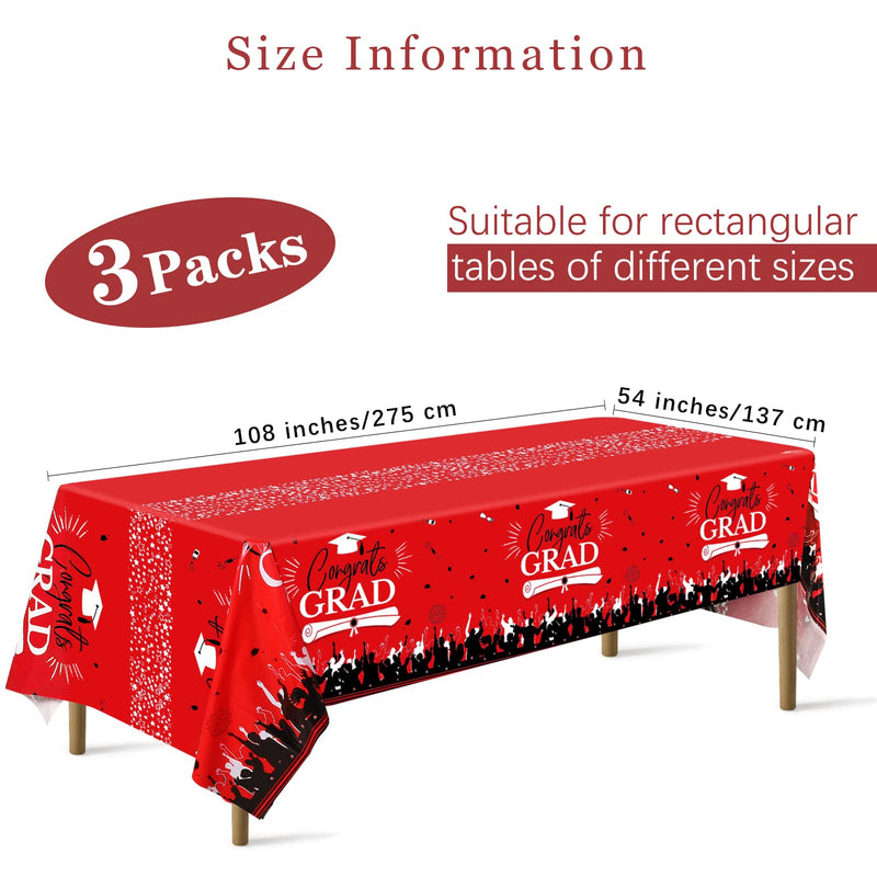 [Australia - AusPower] - durony 3 Pack Graduation Tablecloth 108 x 54 Inch Large Size Plastic Rectangle Graduation Table Covers for College High School Graduation Party Decorations Supplies, Red 