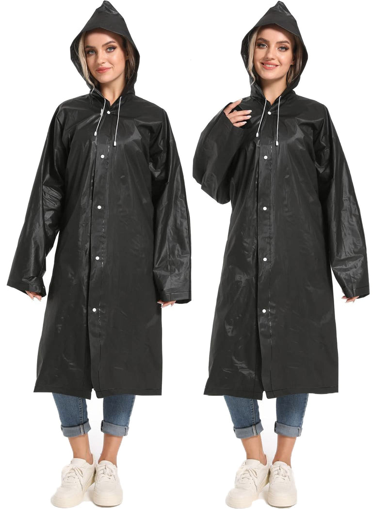 [Australia - AusPower] - Rain Ponchos for Adults Reusable - Borogo 2Pcs Raincoats Emergency Survival with Hoods and Sleeves for Women Men Black 