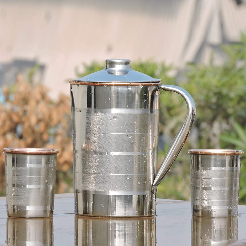 [Australia - AusPower] - AncientImpex Stainless Steel and Pure Copper Water Pitcher with Matching Tumblers | Steel and Copper Pitcher for Drinking Ayurvedic Water (57.48 fl. Oz.), Silver 