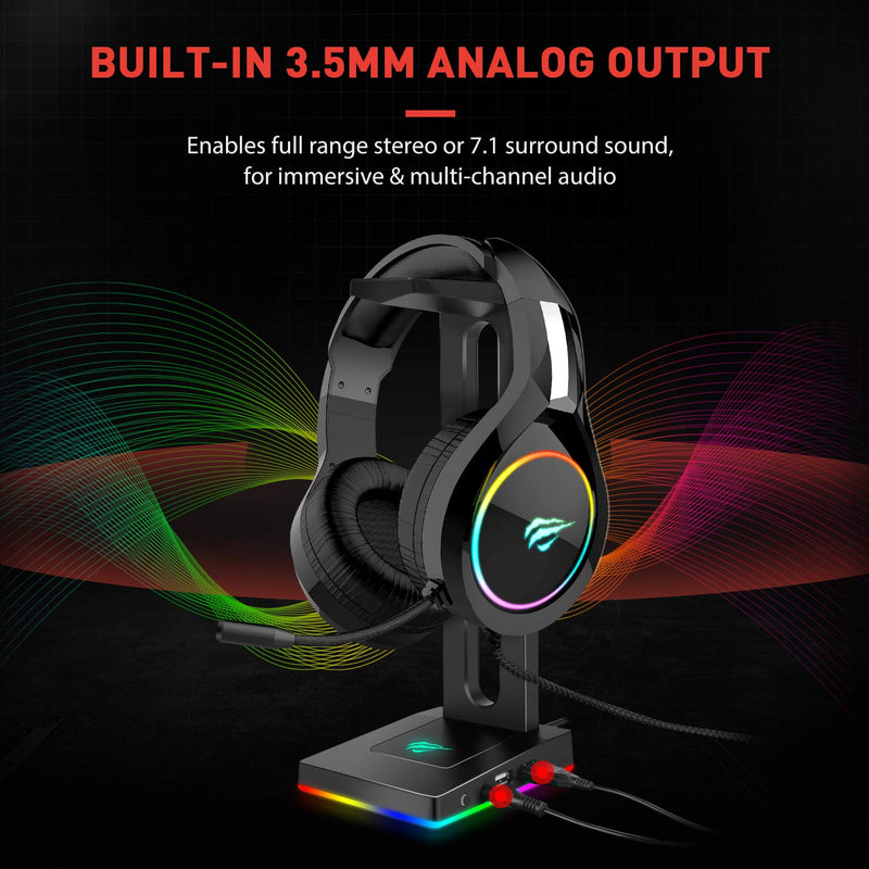 [Australia - AusPower] - Havit RGB Headphones Stand with 3.5mm AUX and 2 USB Ports, Headphone Holder for Gamers Gaming PC Accessories Black 