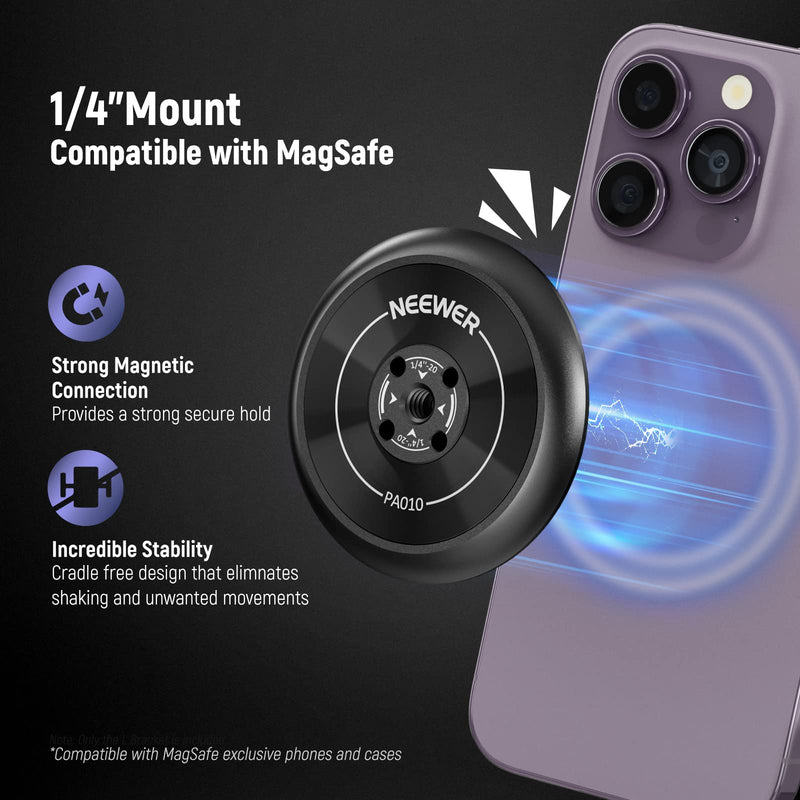 [Australia - AusPower] - NEEWER Magnetic Phone Tripod Mount Adapter with 1/4" Holes Compatible with iPhone MagSafe Selfie Stick for 14 Pro/Pro Max/Plus/Mini 13 12, Phone Holder for Ring Light Video Recording, PA010 