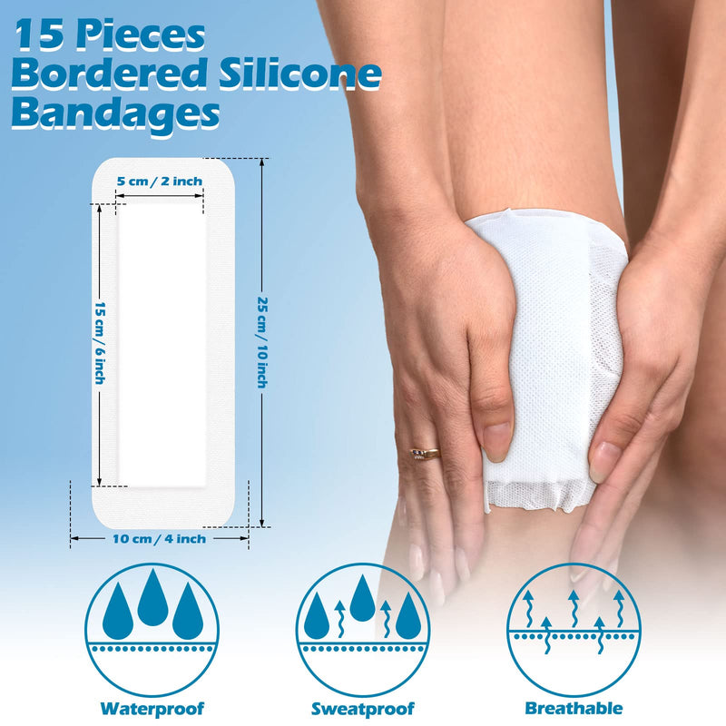 [Australia - AusPower] - 15 Pieces Bordered Gauze-Island Dressing 4 x 10 Inch Wound Bandage Adhesive Patches Post Shower Breathable Borders Individually Packed Pouches 