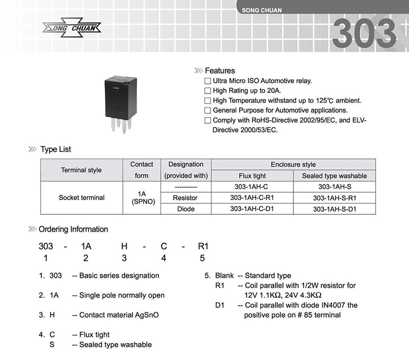 [Australia - AusPower] - Song Chuan General Purpose Relays 303-1AH-C-R1-U01-12VDC ( Pack of 2) SPNO 20A 12VDC 
