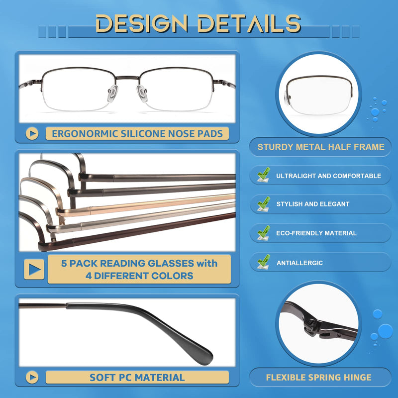 [Australia - AusPower] - NOVIVON 5 Pack Reading Glasses for Men, Metal Blue Light Blocking Readers with Spring Hinges, Anti Eye Strain Eyeglasses (Gunmetal*2, Gold, Silver, Brown, 1.5) Gunmetal*2, Gold, Silver, Brown 1.5 x 