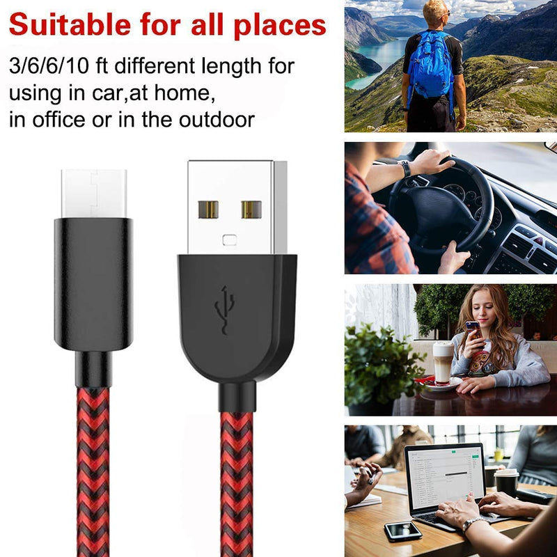 [Australia - AusPower] - USB Type-C Cable 3A Fast Charging,L&HE 4Pack (3/6/6/10FT) Compatible with Samsung Galaxy A10/A20/A51/S10/S9/S8 Cabepow Charger Cable, PS5 Controller, etc. (Black and red) Black and red 