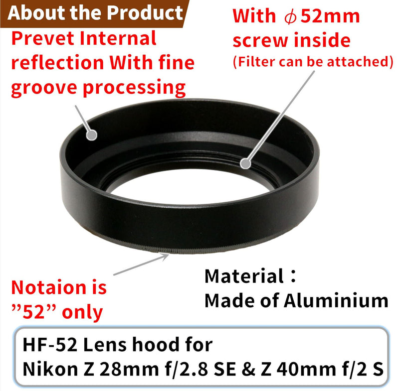 [Australia - AusPower] - F-Foto Lens Hood HF-52 / for Nikon NIKKOR Z 28mm f/2.8 SE, 40mm f/2 Lens Compatible (Mounting Diameter: 52mm Diameter, Metal Type, Black, Screw Hood) C-HF52-B 