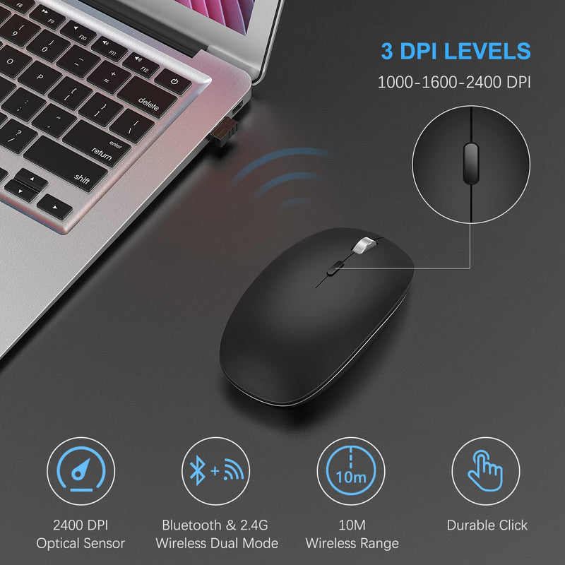 [Australia - AusPower] - Rechargeable Bluetooth Mouse, Dual Mode 2.4GHz Wireless Bluetooth Mouse for Laptop, MacBook, Windows-Black 
