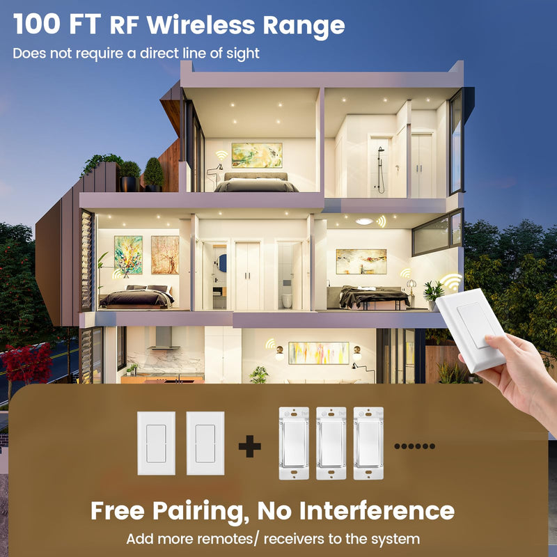 [Australia - AusPower] - Suraielec 3 Way Wireless Light Switch, Neutral Wire Required, Grounding, 15A High Power, 100ft Range, No Wiring No WiFi, Expandable Remote Control Light Switches for Lamp, Ceiling Light, Fan 