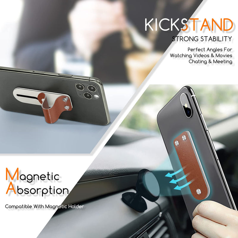 [Australia - AusPower] - TOQMCI Phone Strap Grip Holder, Leather Telescopic Phone Finger Kickstand, Universal Cell Phone Gripper for iPhone Android, Compatible with Magnetic Car Mount, Leather/Stainless S (Brown) Brown 