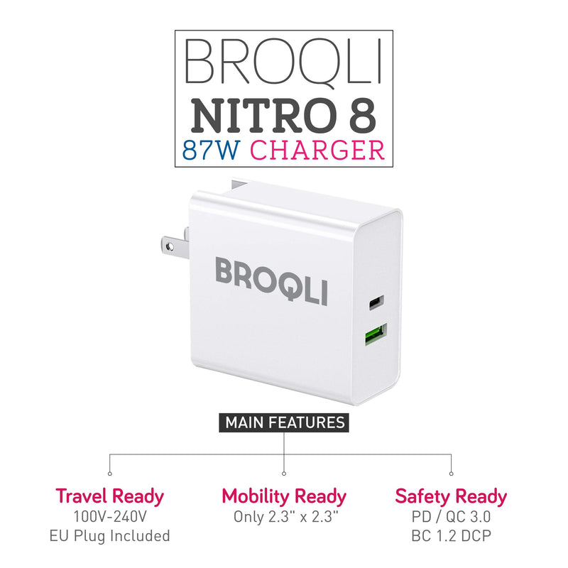 [Australia - AusPower] - BROQLI USB Type C Portable Wall Charger adapter with EU plug, 87W Power Delivery 3.0 for Mac Pro 16/Air, iPad Pro 2018/Mini, iPhone 11 12 13 Pro/XS/Max/XR/X/8 Plus, Galaxy Note10/S10/S9, Pixel (White) 