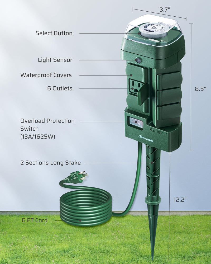 [Australia - AusPower] - DEWENWILS Outdoor Mechanical Power Stake Timer, Waterproof, 6 Grounded Outlets(3 180Â°Rotatable), 6ft Extension Cord, Yard Stake for Outdoor Lights, Sprinklers, Garden, 1625W/13A UL Listed 