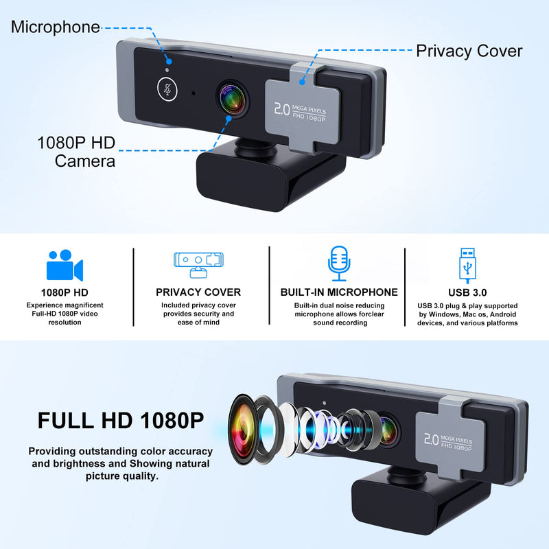 [Australia - AusPower] - Paobas 1080P Webcam with Microphone, C920 Web Camera, Webcam with Privacy Cover, 90°View Computer Camera, Plug&Play USB Webcam for Calls/Conference, Zoom/Skype/YouTube, Laptop/Desktop 