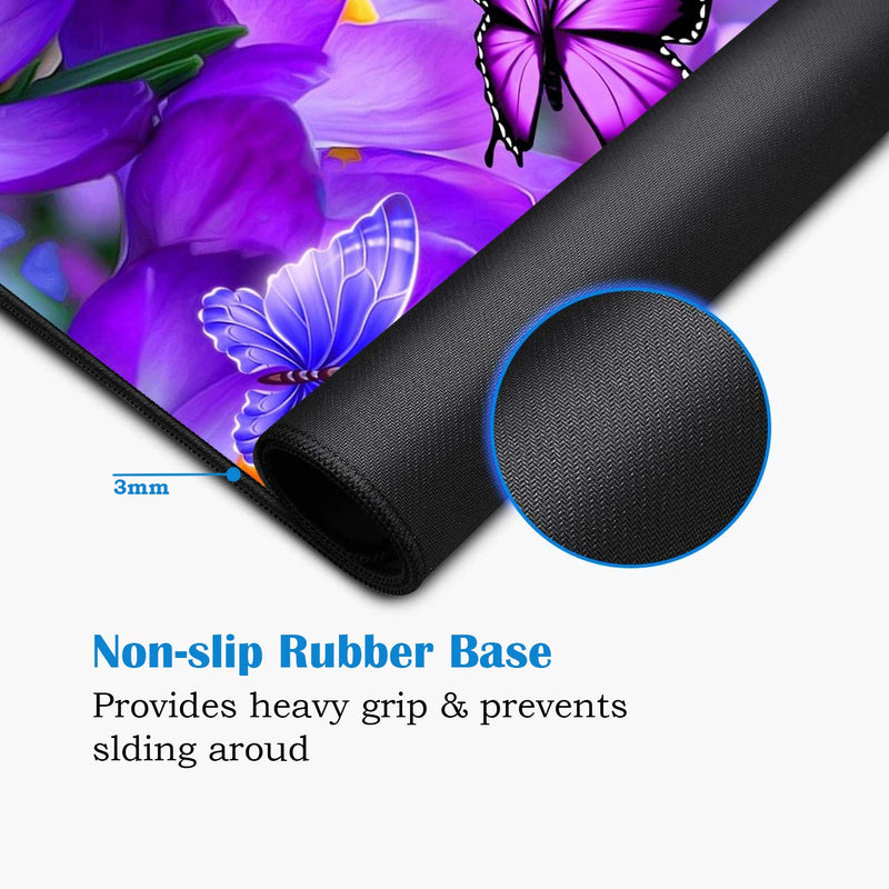 [Australia - AusPower] - Luasao Desk Pad Mat Gaming Mouse Pads with Coasters, Stitched Edges Design Mouse Pad XXL Large Mouse Pad for Laptop Computers Purple Flowers and Butterflies Desk Writing Mat for Office & Home 