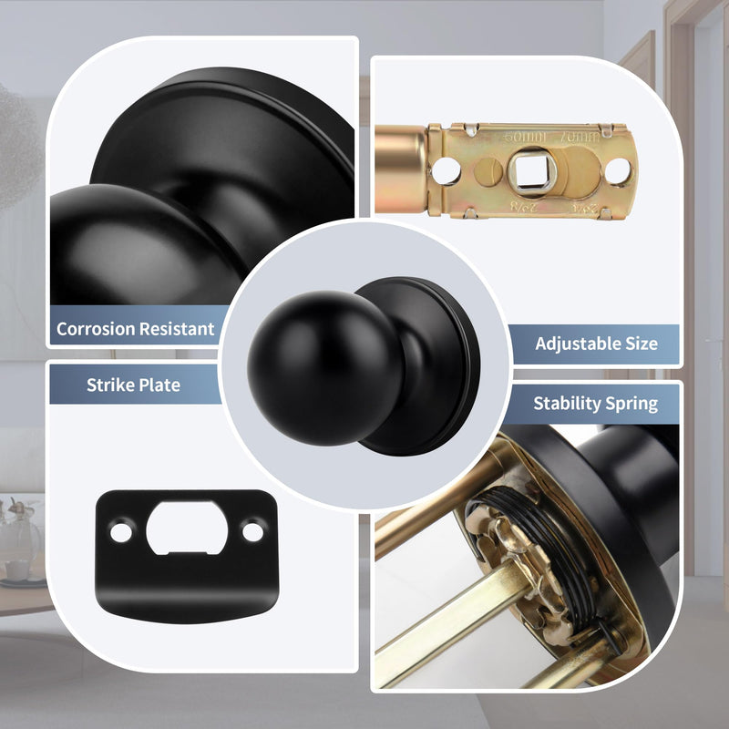 [Australia - AusPower] - Moquin Round Ball Style Passage Door Knob, No Lock Interior Door Knob, Keyless Doorknob for Hall Closet Pantry, Matte Black Finish 1 Pack Passage-NO Lock & NO Key 